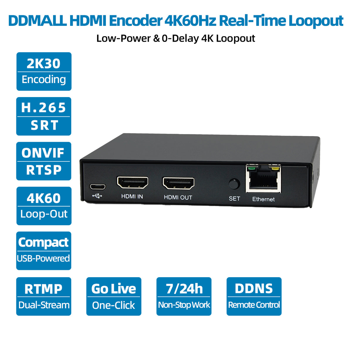 DDMALL HEV-10 H.265 H.264 Live Stream Encoder, 4K@60Hz HDMI Input, Real Time 4K Local Loopout HDMI Video Encoder