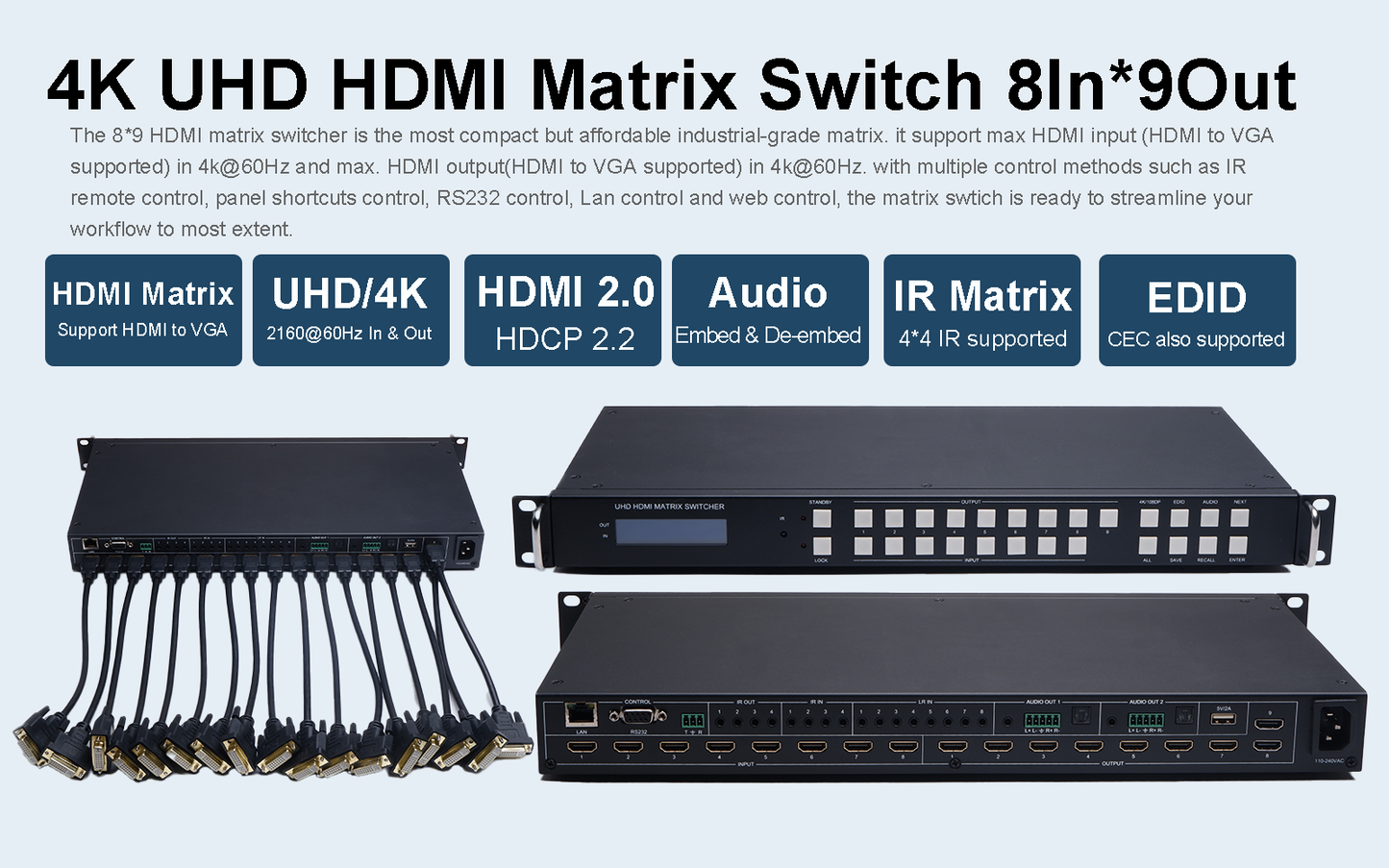 DDMALL AGP-UHD-809 HDMI Matrix Switch, Industrial-Grade HDMI Matrix 4K@60Hz IN/OUT
