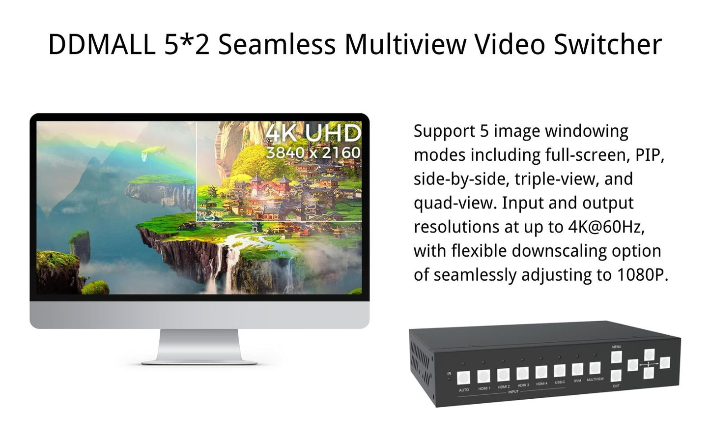 DDMALL AGS-KVM512 5IN 2OUT 4K Seamless HDMI Video Switcher for Multi-window Display