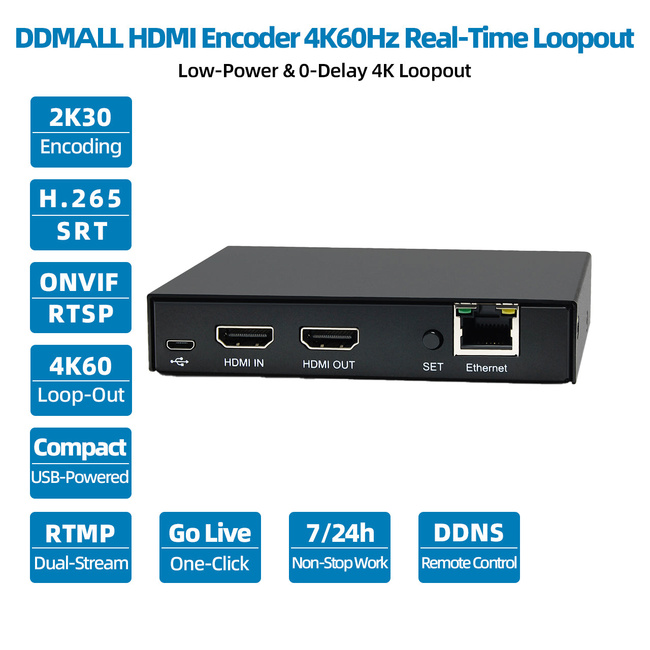 DDMALL HEV-10 H.265 H.264 Live Stream Encoder, 4K@60Hz HDMI Input, Real Time 4K Local Loopout HDMI Video Encoder