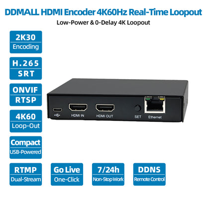 DDMALL HEV-10 H.265 H.264 Live Stream Encoder, 4K@60Hz HDMI Input, Real Time 4K Local Loopout HDMI Video Encoder