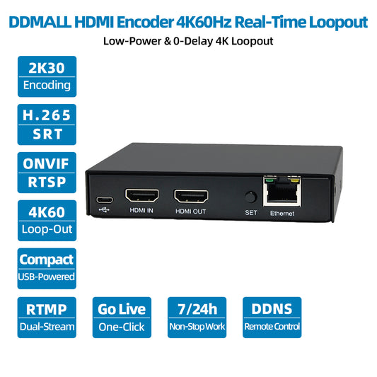 DDMALL HEV-10 H.265 H.264 Live Stream Encoder, 4K@60Hz HDMI Input, Real Time 4K Local Loopout HDMI Video Encoder