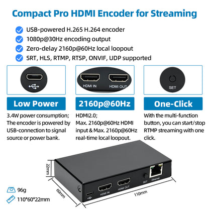 DDMALL HEV-10 H.265 H.264 Live Stream Encoder, 4K@60Hz HDMI Input, Real Time 4K Local Loopout HDMI Video Encoder