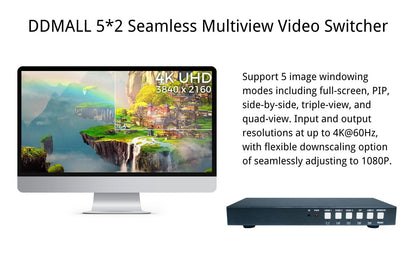 DDMALL AGS-PS512 5IN 2OUT 4K Seamless HDMI Video Switcher for Multi-window Display