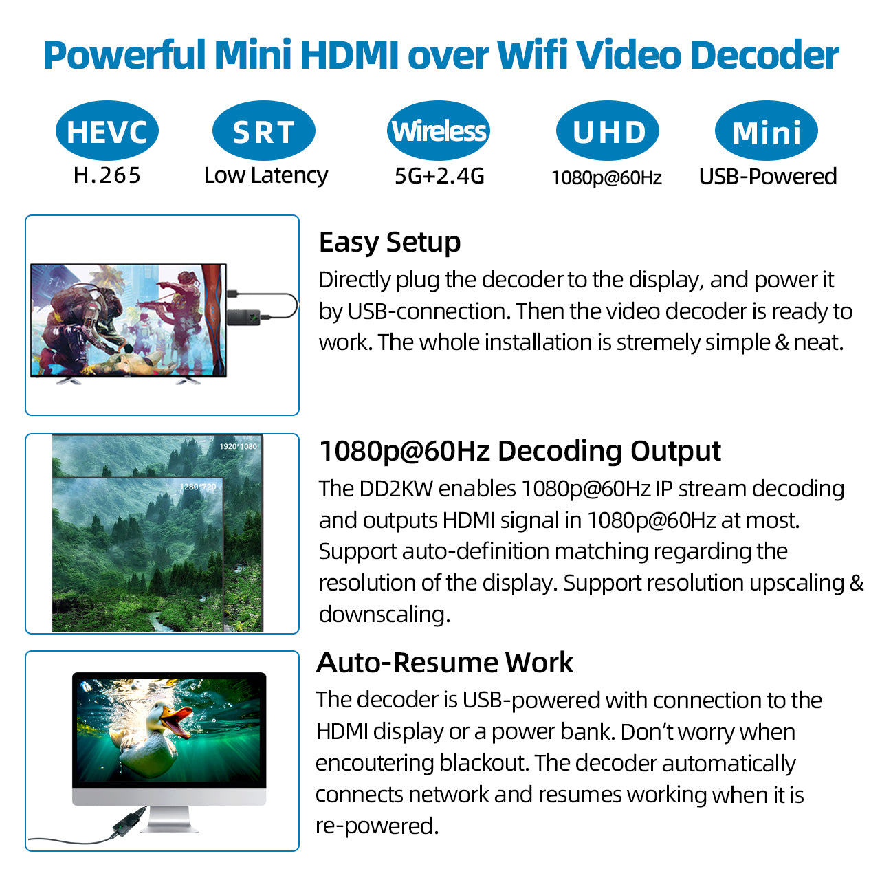 DDMALL DD2KW 2K Wireless IP Video Decoder ONVIF Camera Decoder Support SRT