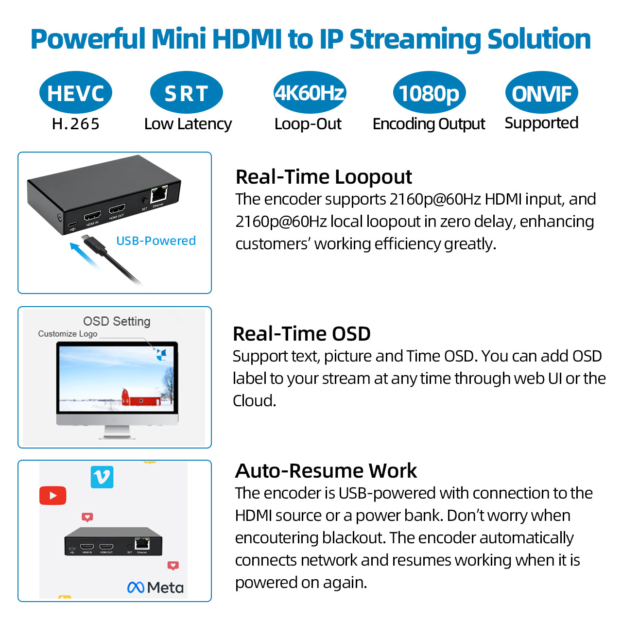 DDMALL HEV-10 H.265 H.264 Live Stream Encoder, 4K@60Hz HDMI Input, Real Time 4K Local Loopout HDMI Video Encoder